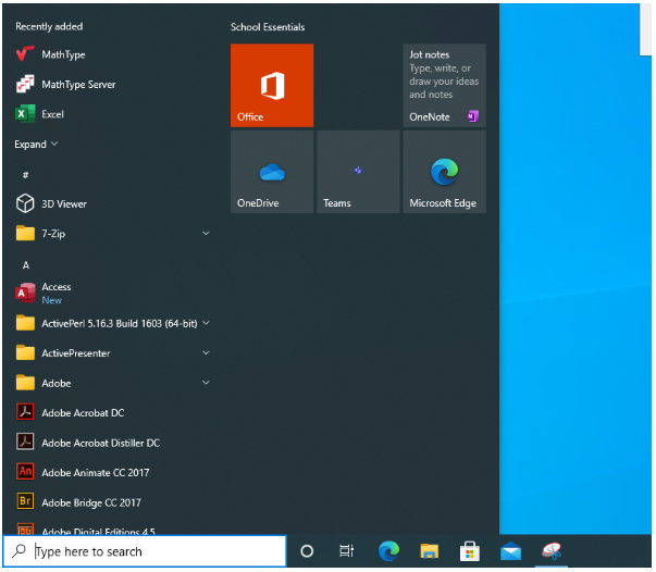 Start Menu with MathType in programs list